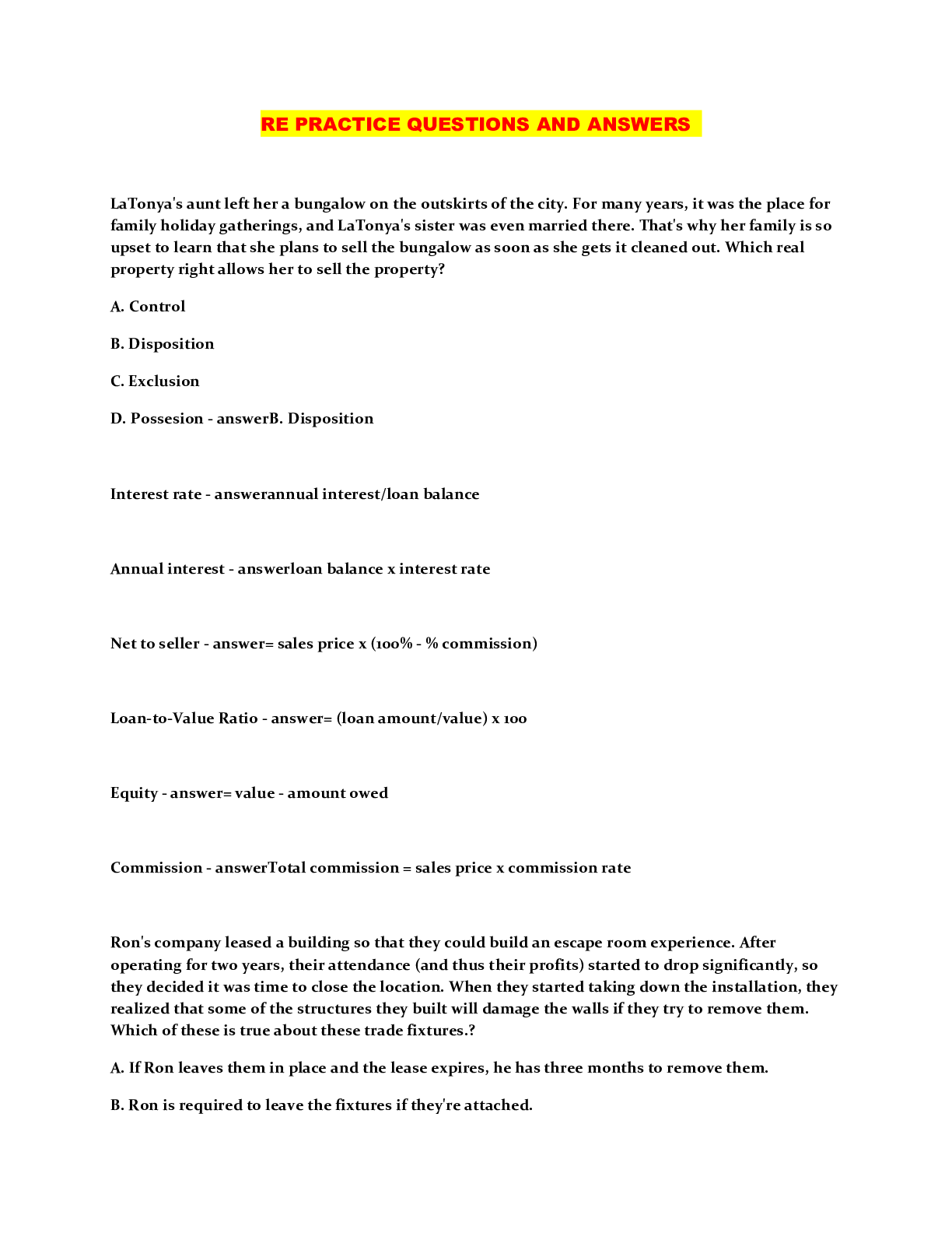 RE PRACTICE QUESTIONS AND ANSWERS Browsegrades